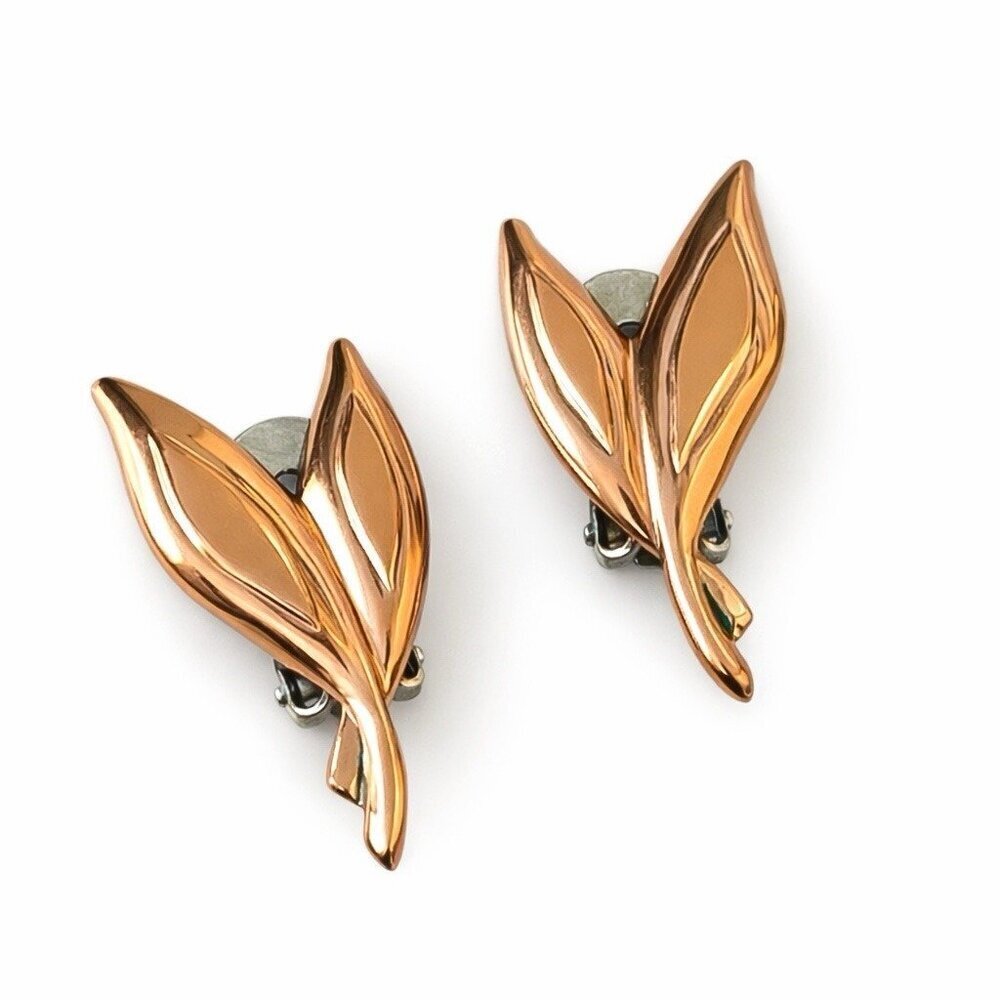 Vintage Renoir Earrings Copper Leaf Climber Clip On Mid Century Modern Modernist